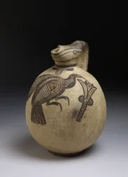 Squat bichrome kruik in vrije-veld stijl met afbeelding van een vogel die een lotus plukt, Cypro-Archaïsche periode, ca. 750-480 v.Chr.